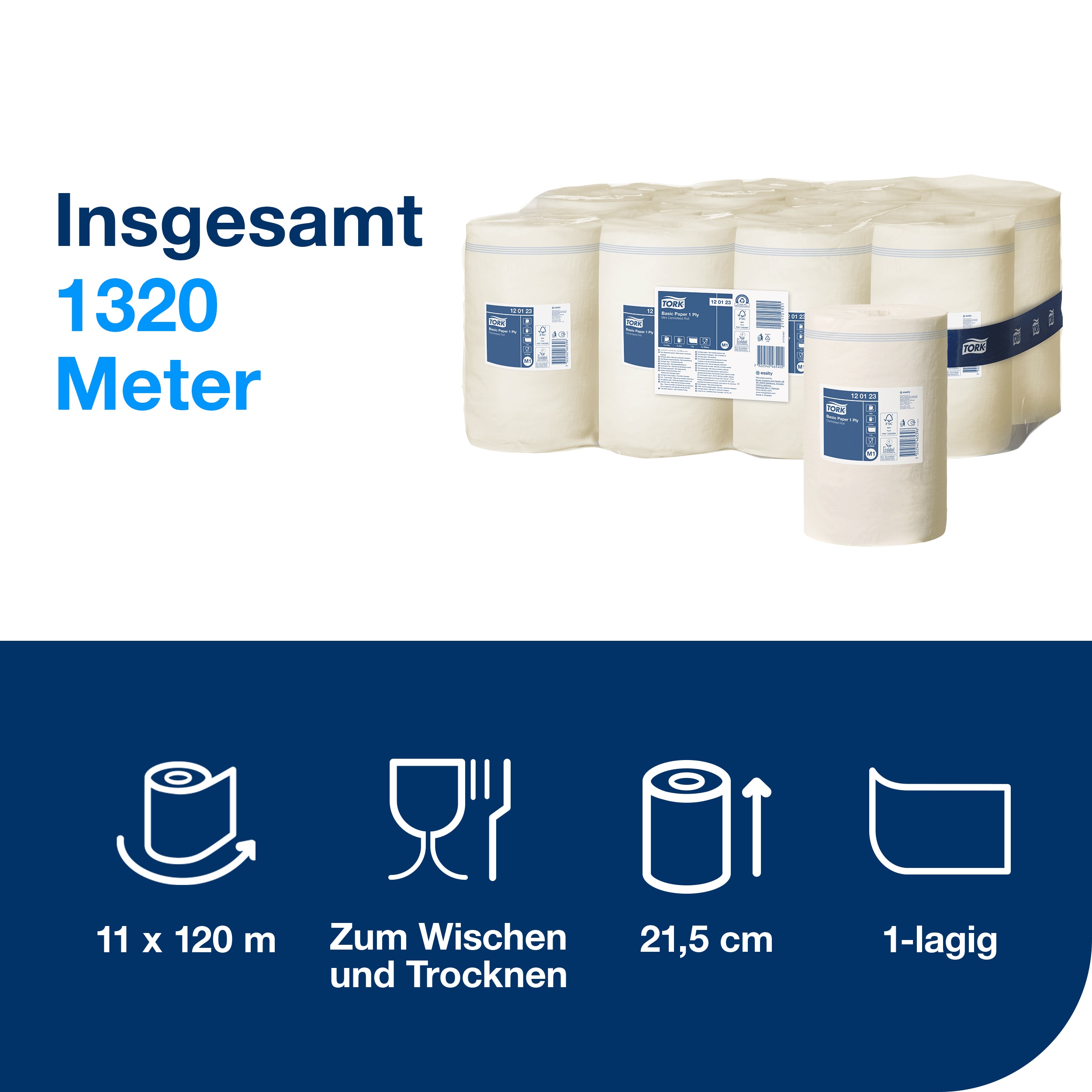 Tork - Standard-Papierwischtücher mit Innenabrollung für M1, weiß, 11 x 120 Meter, 120123 Tork - Standard-Papierwischtücher mit Innenabrollung für M1, weiß, 11 x 120 Meter, 120123