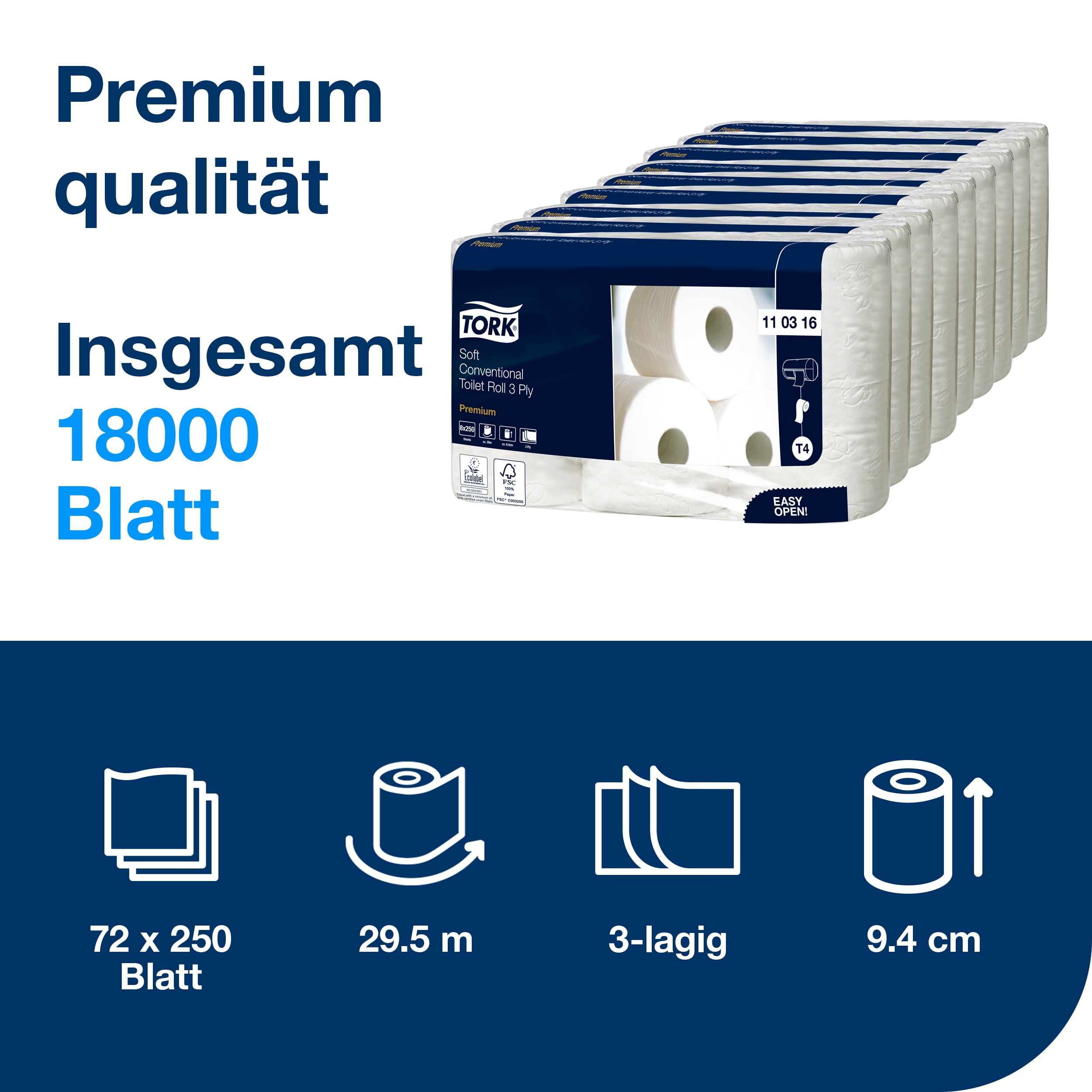 Tork - Weiches Kleinrollen-Toilettenpapier, 3-lagig, weiß, T4, 72 x 250 Blatt, 110316 Tork - Weiches Kleinrollen-Toilettenpapier, 3-lagig, weiß, T4, 72 x 250 Blatt, 110316